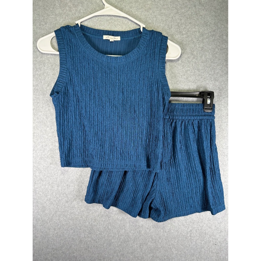 New Mix Plisse Crinkle 2 Piece Set Womens M Teal Blue Crop Tank Shorts Lounge